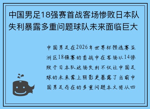 中国男足18强赛首战客场惨败日本队失利暴露多重问题球队未来面临巨大挑战 中国男足18强赛首战客场惨败日本队失利暴露多重问题球队未来面临巨大挑战
